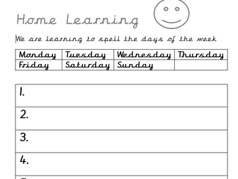 Home Learning Days of the Week