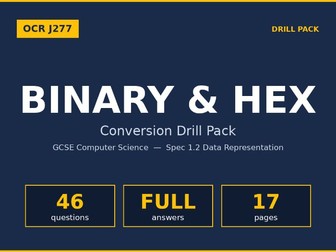 OCR J277 GCSE Computer Science | Binary & Hex Drill Pack (46 Qs + Answers)