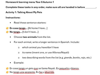 Spanish pets learning menu homework