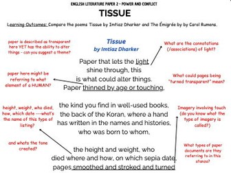 GCSE English Literature- Power and Conflict - Tissue poem revision workbook