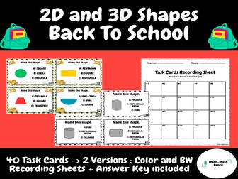 2D and 3D Geometric Shapes | Math Task Cards + Answer Keys | Back to School | First Grade