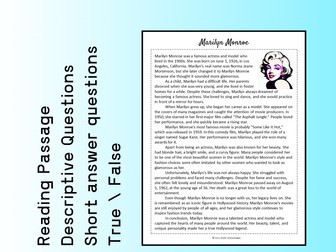 Marilyn Monroe Biography Reading Comprehension Passage Printable Worksheet PDF