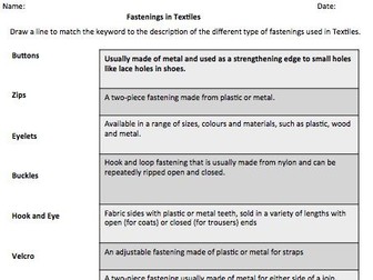 Fastenings in Textiles Worksheets