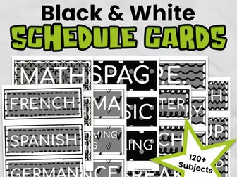 Black and White Editable Classroom Timetable Cards with Clocks | Bold Primary Visual Timetable