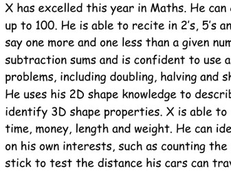 EYFS Higher Ability Maths and UTW/Science Report Comments EOY