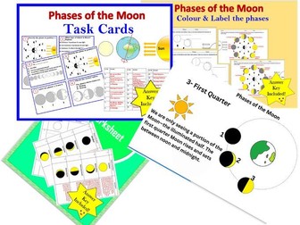 Phases of the Moon-Bundle- Lesson, Worksheets, poster, Task cards