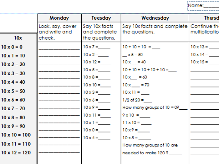 Homework multiplication facts