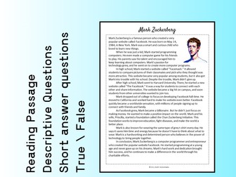 Mark Zuckerberg Biography Reading Comprehension Passage Printable Worksheet PDF