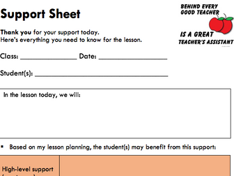 Support Sheet to aid Teaching Assistants