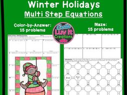 Solving Equations Multi Step Equations Winter Bundle - Maze & Color by Number