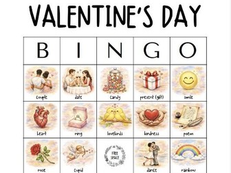 A4 - Valentine's Day Bingo Game • 36 Words  • 50 Illustrated Cards (English)