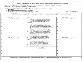 GCSE 'The Merchant Of Venice' Exam Question Planning Sheet - Presentation of Friendship