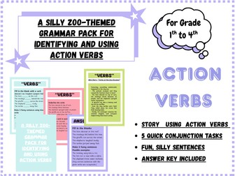 Zoo-Themed Action Verbs Grammar Pack | Identify & Use Verbs | Worksheets, Story, Activities, Answer