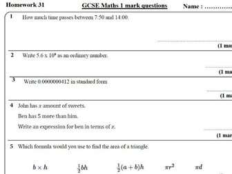 10 GCSE Maths Foundation Homework Revision (9-1) Part 4 -Includes all ANSWERS