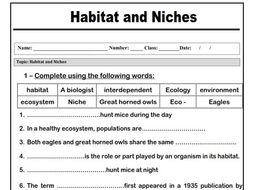 habitat and niches worksheet teaching resources