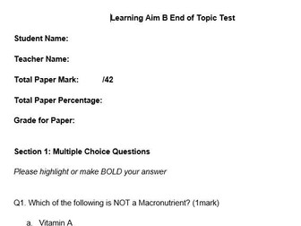 Component 2 LA.B End of Topic Test. BTEC TECH Sport (Pearson)