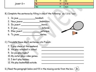 worksheet to practice jouer + a + sports/activities