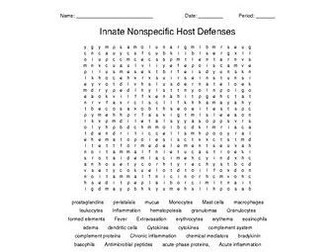 Innate Nonspecific Host Defenses Word Search for a Microbiology Course