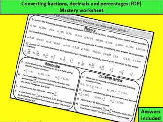 Converting fractions, decimals and percentages (FDP) - mastery worksheet