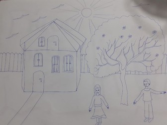 A drawing with  two children in the garden of their house