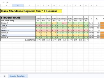 Editable Class Register Spreadsheet