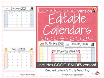 Editable Classroom Calendars 2023-2024 Landscape