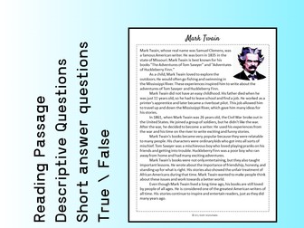 Mark Twain Biography Reading Comprehension Passage Printable Worksheet PDF