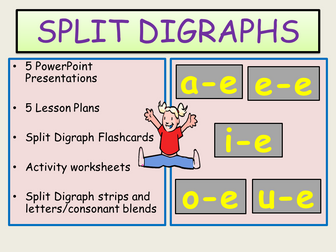 Split Digraphs- 5 Presentations, 5 Lesson Plans, Phonics Work - Activity Sheets, Practical lessons