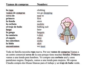 Comprando la ropa Lectura ~ Clothes Shopping Spanish Beginner Reading and Handout