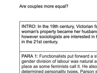 AQA A LEVEL SOCIOLOGY 'ARE COUPLES MORE EQUAL?' FAMILIES AND HOUSEHOLD ESSAY ESSAY- (A* GRADE 28/30)