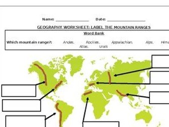 Geography worksheets: Label the mountain ranges