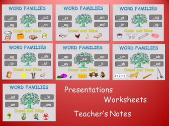 Onset & Rime Word Families (Total 29), PowerPoint Presentations, Worksheets, Teacher Notes