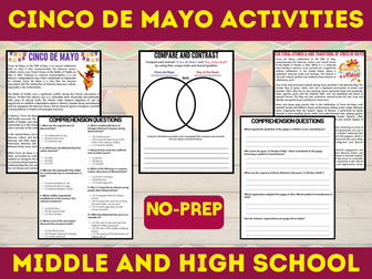 Cinco de Mayo Reading and Activities Puzzles for middle and high school Sub Plans