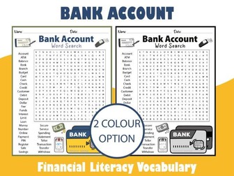 Bank Account Word Search Puzzle | Financial Literacy Vocabulary for Students