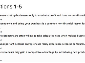 3.1.1 Entrepreneur True or False Questions Teaching and Revision New Business Specification