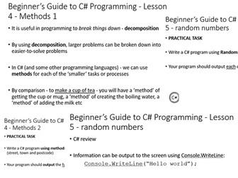 Beginner lessons for C# - random value generation and methods (functions & procedures in C#)