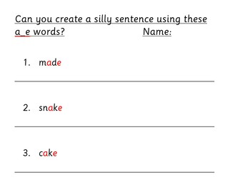 a_e phonics silly sentence writing