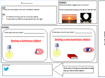 Year 7 Light, introduction lesson (alongside Activate books) worksheet