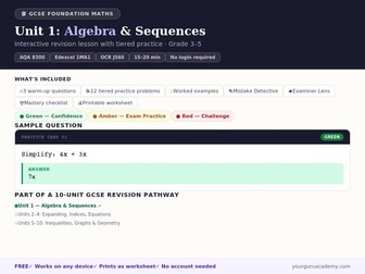 GCSE Algebra & Sequences Worksheet + Interactive Lesson | Foundation Maths (Grade 3–5)