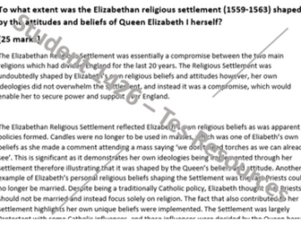 A* Essay - Elizabethan religious settlement ( 1559-1563) shaped by the attitudes and beliefs of E1?