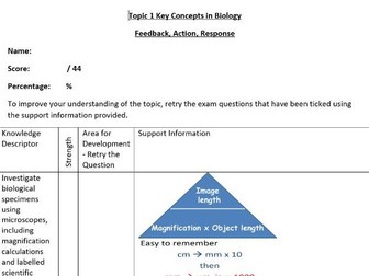 Edexcel CB1 End of Topic Assessment and FAR Marking Feedback Sheet  - GCSE Combined Science