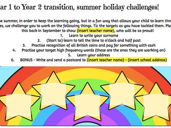 Year 1 - 2 transition summer holiday challenges / homework