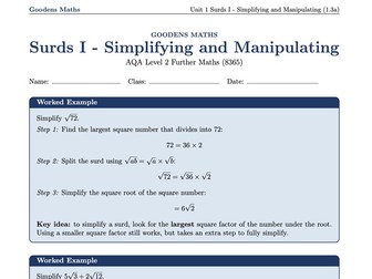 Surds - Simplifying and Manipulating Worksheet