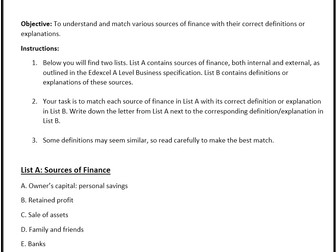 Sources of Finance - Class Activity (Edexcel A Level Business)