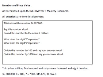 NCETM Year 6 Number and Place Value Mastery ANSWERS