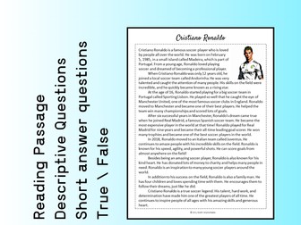 Cristiano Ronaldo Biography Reading Comprehension Passage Printable Worksheet PDF