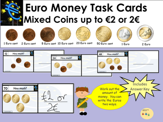 EURO Money Task Cards- Add Mixed Coins to Value of 5 Euros, Recording Sheet, Blank Cards and Coins