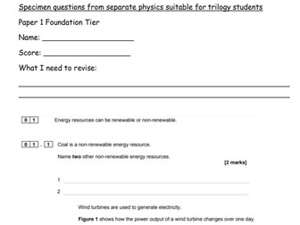 Specimen questions from separate physics suitable for trilogy