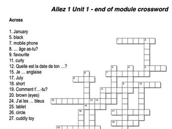 Allez 1 End of Unit 1 Crossword