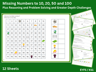 FOOTBALL MATHS / Numbers to 10, 20, 50 & 100 / Missing Numbers, Reasoning & Problem Solving /